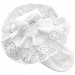 Girls White Lace Ribbon & Diamante Bow Socks